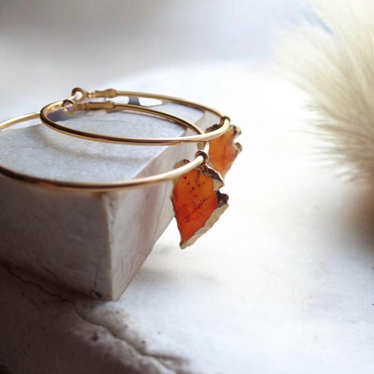 Carnelian Arrowhead Hoop Earrings,  Handmade Boho Crystal Dangle Earrings,