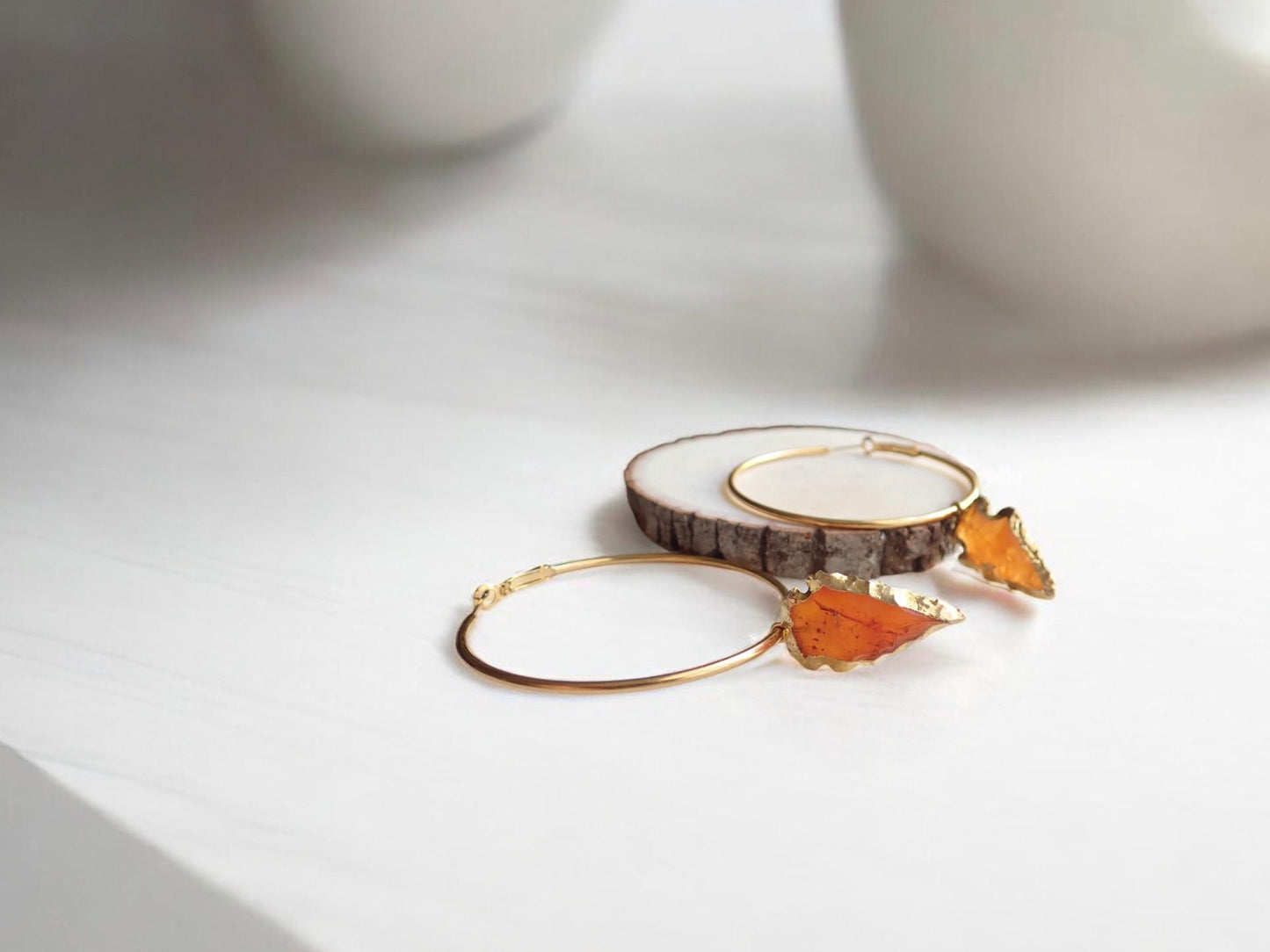 Carnelian Arrowhead Hoop Earrings,  Handmade Boho Crystal Dangle Earrings,