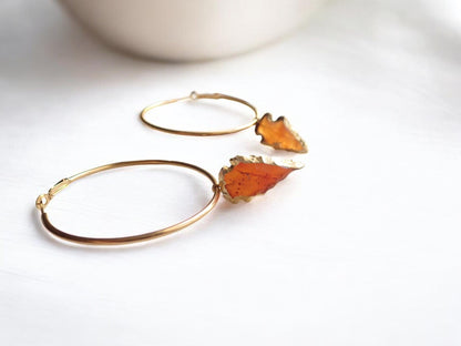 Carnelian Arrowhead Hoop Earrings,  Handmade Boho Crystal Dangle Earrings,