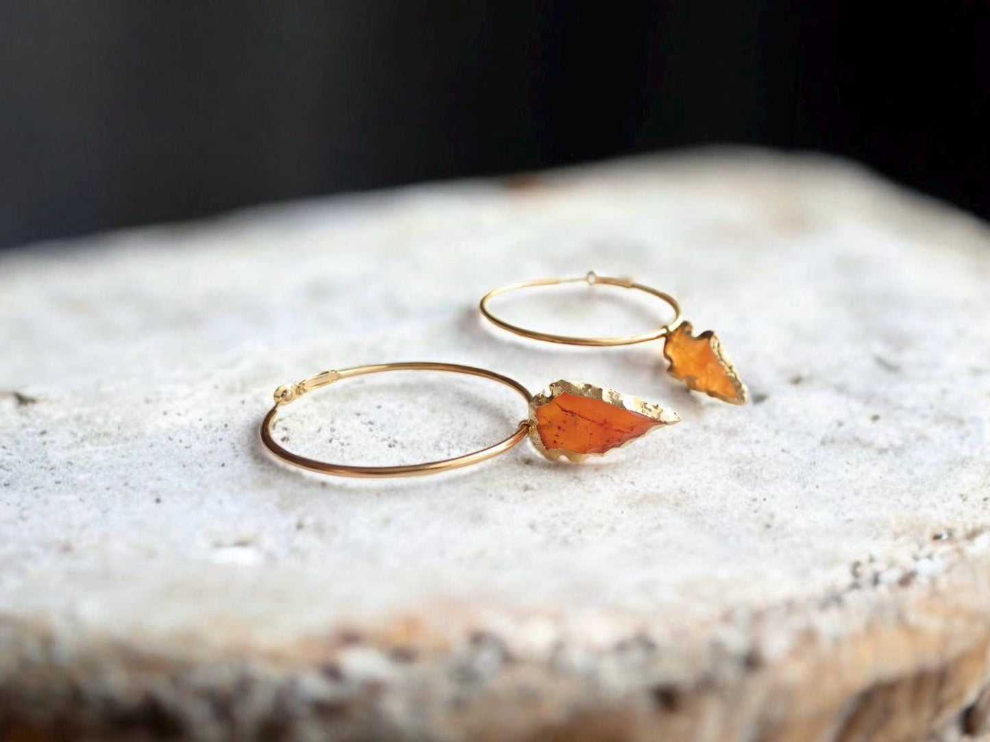 Carnelian Arrowhead Hoop Earrings,  Handmade Boho Crystal Dangle Earrings,