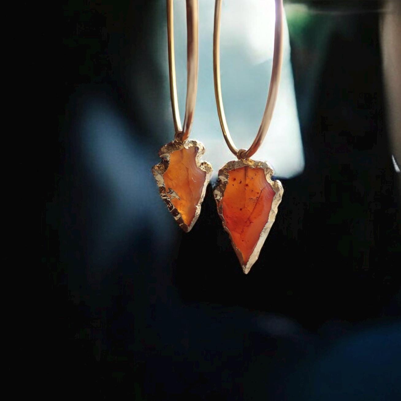 Carnelian Arrowhead Hoop Earrings,  Handmade Boho Crystal Dangle Earrings,