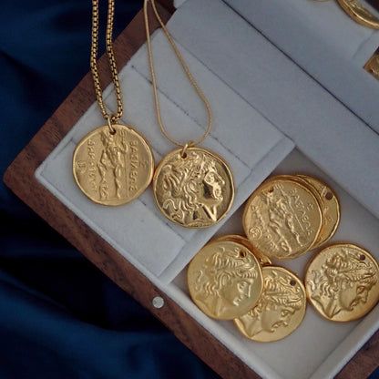 Bold Gold Roman Coin Necklace – Double Sided Medallion Pendant, 24k Gold Plated Statement Jewelry, Ancient Inspired Necklace Gold Fill