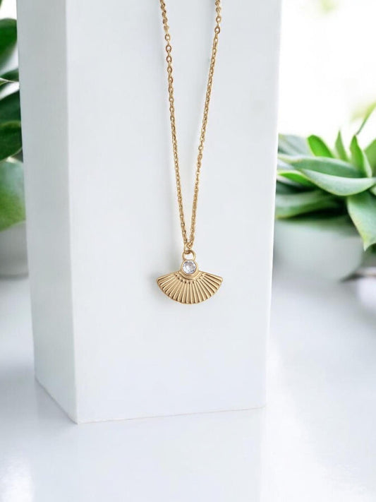 Tarnish Free Gold Fill Gemstone Pendant Necklace, Dainty Cubic Zirconia Fan Pendant Necklace, Waterproof Layering Necklace, Gift For Her