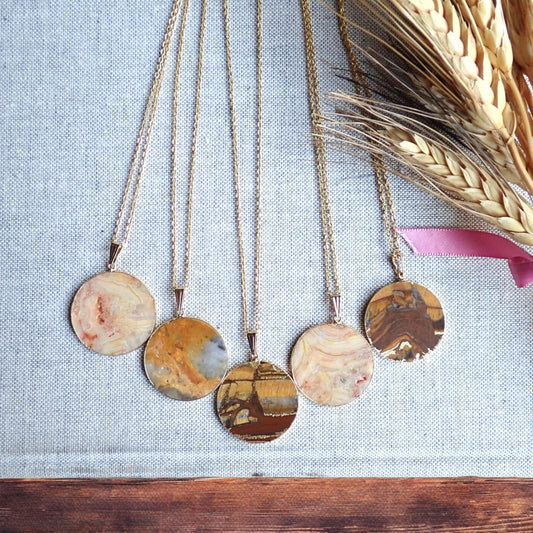 Large Lace Agate Slice Necklace – Surrounded in 14k Gold, Non-Tarnish Chain, Natural Stone Jewelry