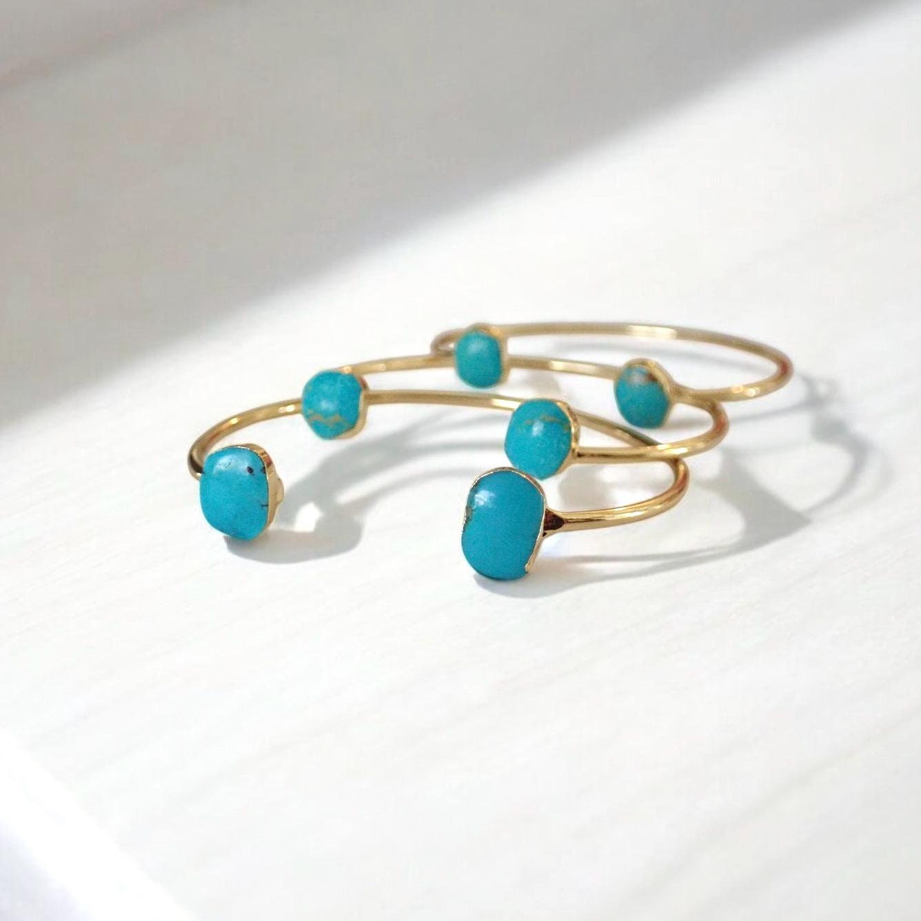 Genuine Turquoise Open Cuff Bracelet – 14k Gold Plated Adjustable Boho Bracelet | December Birthstone Jewelry