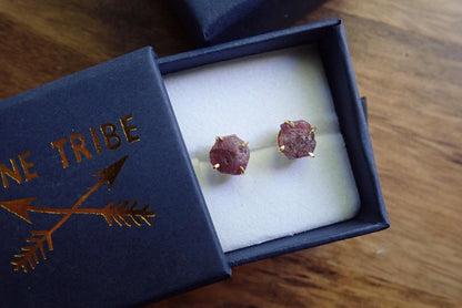 Raw Ruby Stud Earrings | July Birthstone Gift | Natural Pink Gemstone Post Earrings