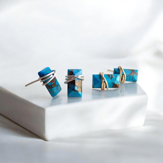 Turquoise Stud Earrings Gold Sterling Silver, Rectangle Stone Posts, Copper Turquoise Bar Earrings,Wire Wrap Stud Earrings,Turquoise Jewelry