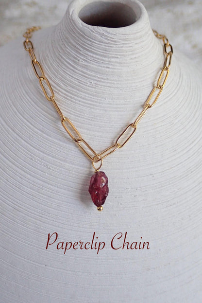 Dainty Raw Garnet Waterproof Necklace in 18k Gold | January Birthstone Jewelry Gift, Natural Gemstone Pendant with Paperclip or Figaro Chain
