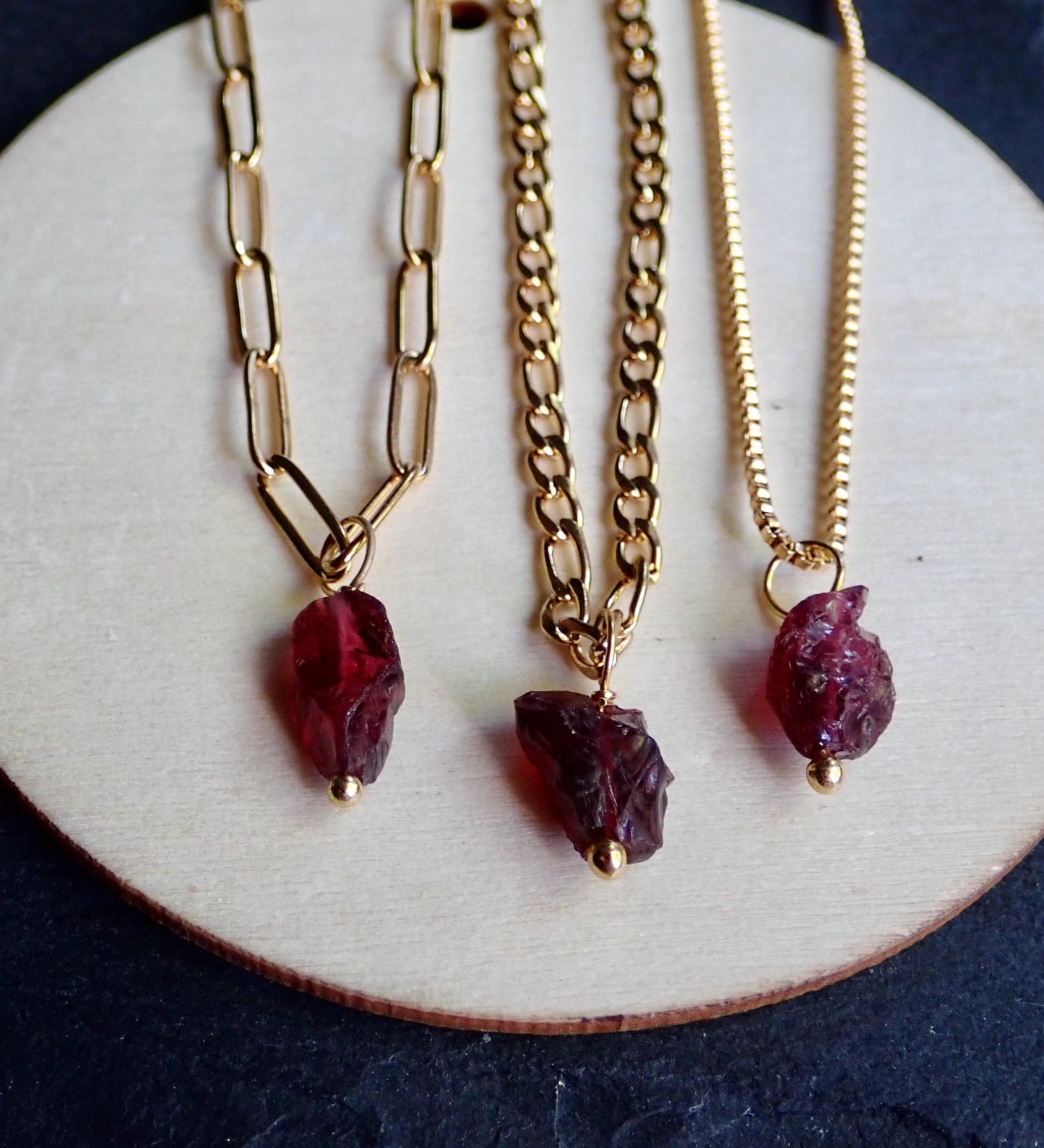 Dainty Raw Garnet Waterproof Necklace in 18k Gold | January Birthstone Jewelry Gift, Natural Gemstone Pendant with Paperclip or Figaro Chain