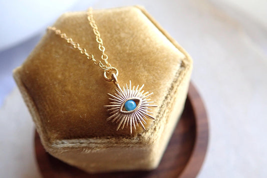 Gold Turquoise Evil Eye Necklace – Sunburst Pendant for Everyday Magic, Dainaty Medallion Necklace