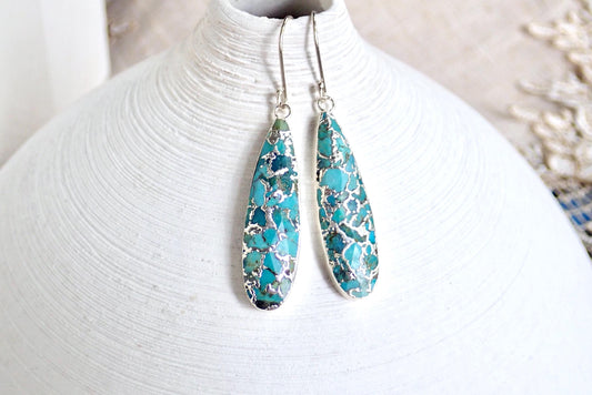Long Teardrop Turquoise Dangle  Earrings - Silver - Mojave Turquoise