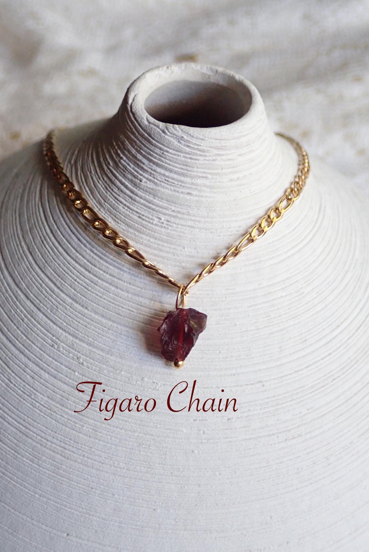 Dainty Raw Garnet Waterproof Necklace in 18k Gold | January Birthstone Jewelry Gift, Natural Gemstone Pendant with Paperclip or Figaro Chain