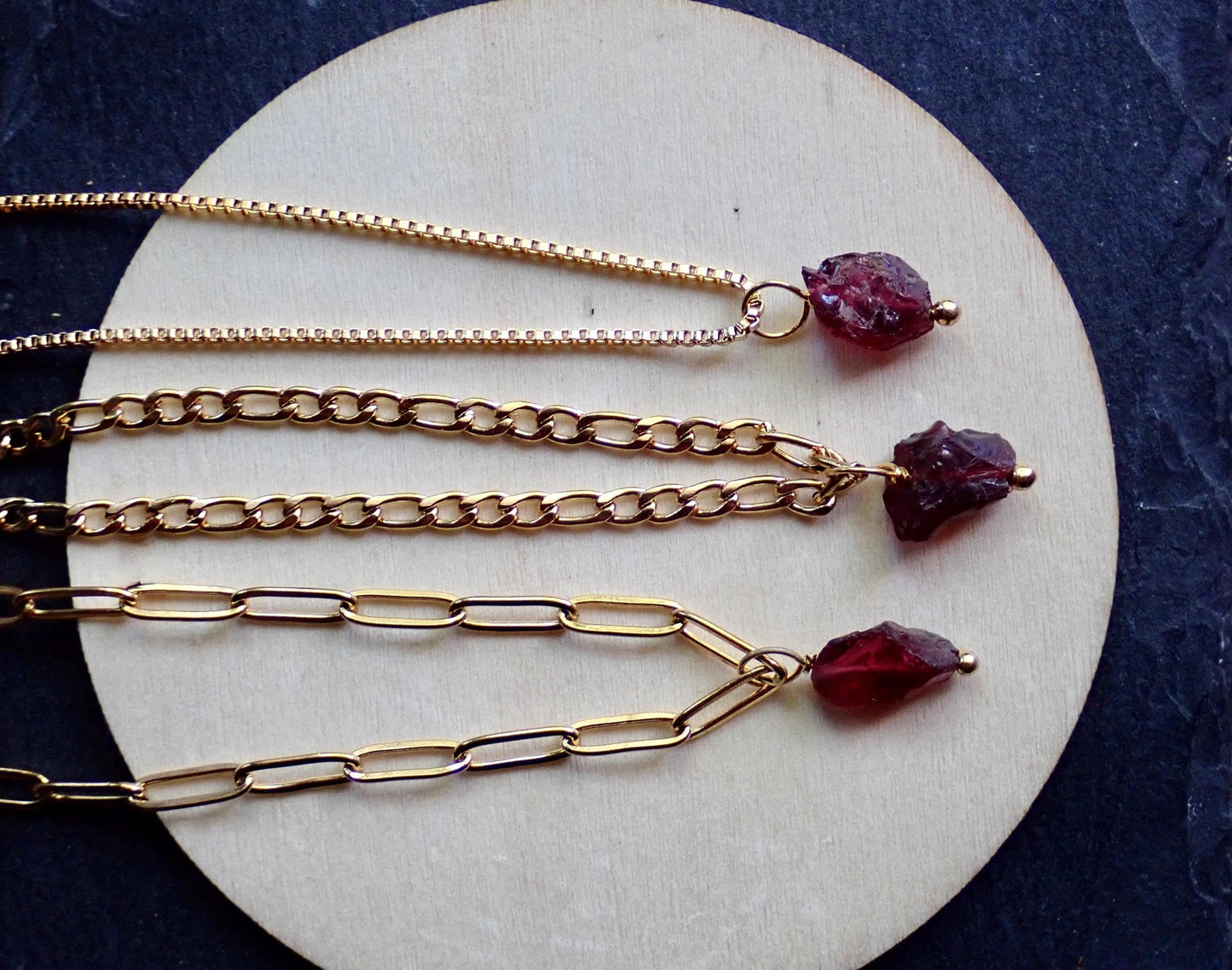 Dainty Raw Garnet Waterproof Necklace in 18k Gold | January Birthstone Jewelry Gift, Natural Gemstone Pendant with Paperclip or Figaro Chain