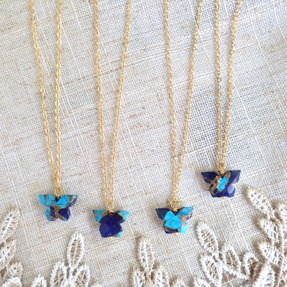Dainty Butterfly Necklace – 18k Gold Fill with Carved Mojave Turquoise & Lapis Lazuli Pendant, Nature-Inspired Jewelry