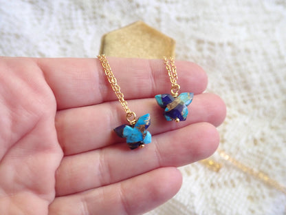 Dainty Butterfly Necklace – 18k Gold Fill with Carved Mojave Turquoise & Lapis Lazuli Pendant, Nature-Inspired Jewelry