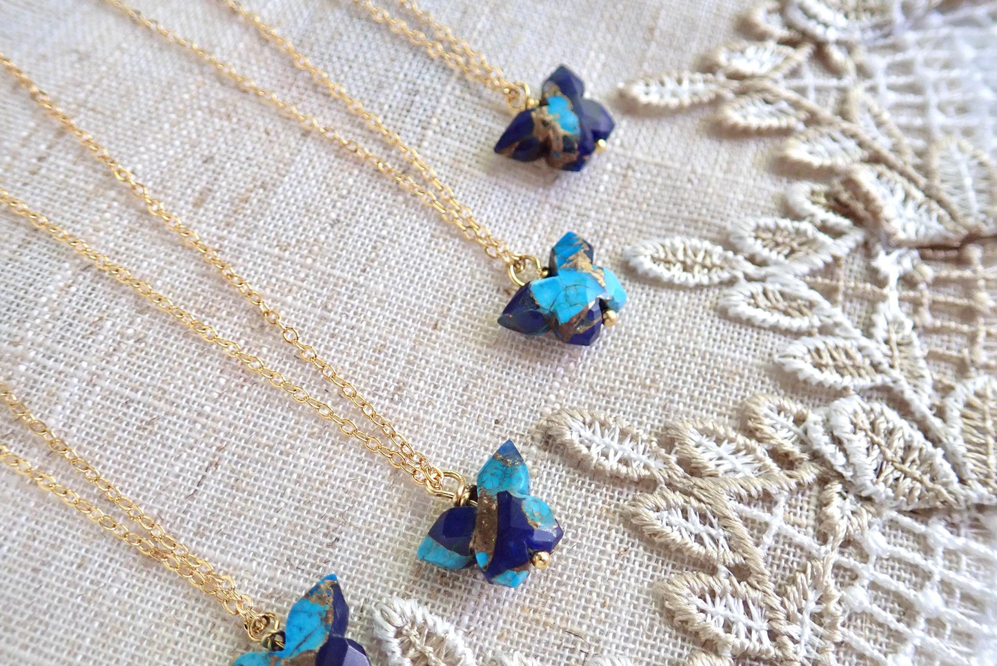 Dainty Butterfly Necklace – 18k Gold Fill with Carved Mojave Turquoise & Lapis Lazuli Pendant, Nature-Inspired Jewelry