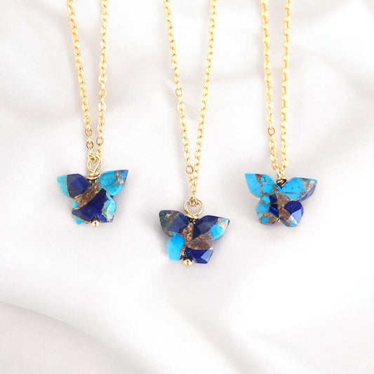 Dainty Butterfly Necklace – 18k Gold Fill with Carved Mojave Turquoise & Lapis Lazuli Pendant, Nature-Inspired Jewelry