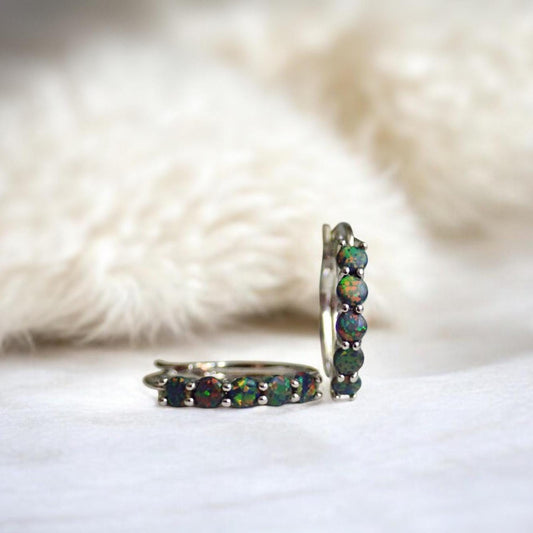 Black Opal Hoop Earrings • Silver Plated Medium Hoops with Prong Set Opals • Dainty Statement Earrings • October Birthstone Gift