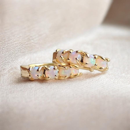 Tiny Opal Huggie Hoops – Stacking Earrings with Prong-Set Opals in Gold Fill, Boho October Birthstone Jewelry