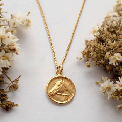 Horse Coin Necklace Gold Vermeil, Gold Coin Medallion Necklace, Horse Lover Gift, Round Animal Charm Necklace, Horse Jewelry, Gift for Her