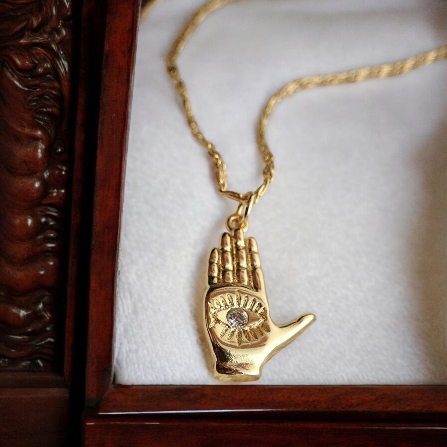 Hamsa Hand Necklace with Crystal, Gold Hand Pendant Necklace, Palm with Eye Necklace