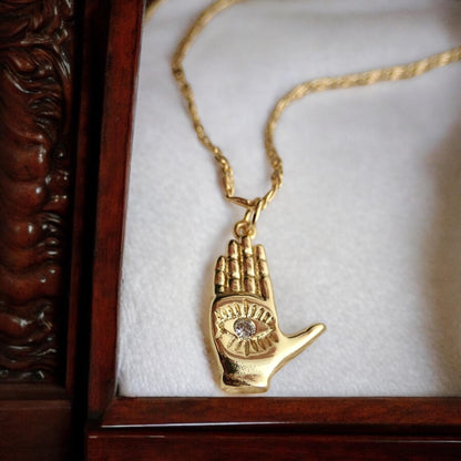 Hamsa Hand Necklace with Crystal, Gold Hand Pendant Necklace, Palm with Eye Necklace