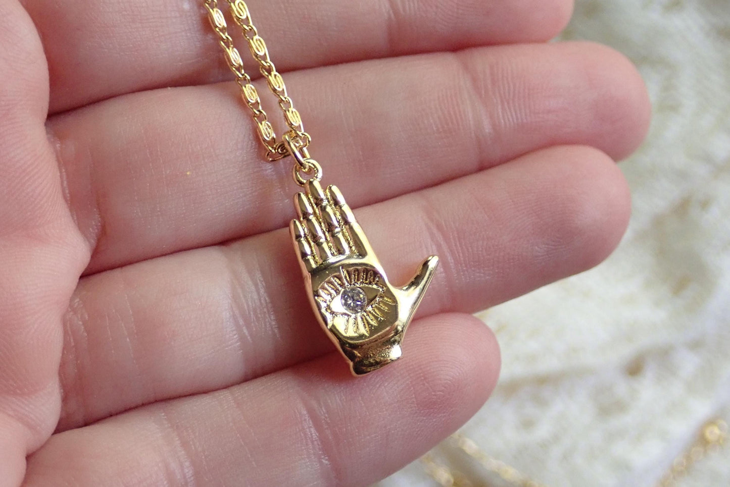 Hamsa Hand Necklace with Crystal, Gold Hand Pendant Necklace, Palm with Eye Necklace