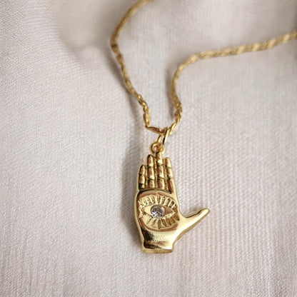 Hamsa Hand Necklace with Crystal, Gold Hand Pendant Necklace, Palm with Eye Necklace