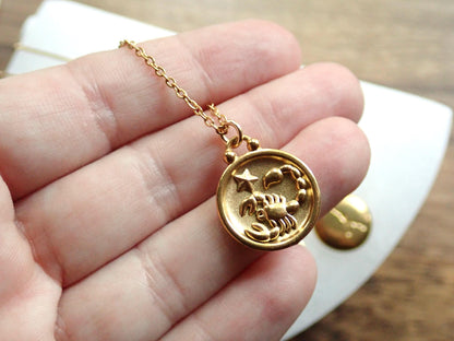 Zodiac Pendant Necklace, Gold Coin Zodiac Necklace, Dainty Zodiac Necklace, Star Sign Necklace,Gold Medallion Necklace,Personalized Gift Her