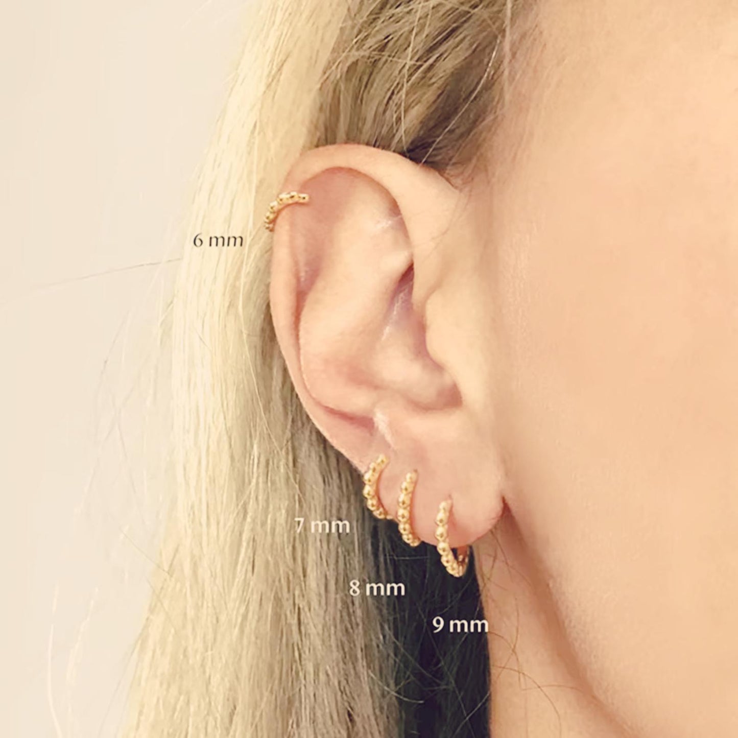 Beaded Gold Huggie Hoop Earrings – 18k Gold Over Sterling Silver, Tiny Everyday Hoops in 6mm–9mm Sizes