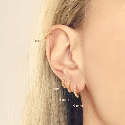 Beaded Gold Huggie Hoop Earrings – 18k Gold Over Sterling Silver, Tiny Everyday Hoops in 6mm–9mm Sizes