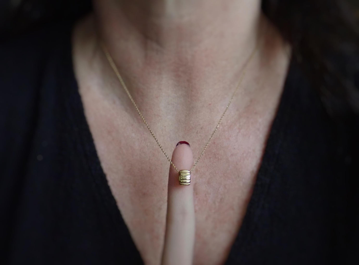 Waterproof Gold Bead Necklace,  Ridged Tube Pendant on No Tarnish 18k Gold Chain,  Minimalist Fidget Necklace, Everyday Jewelry