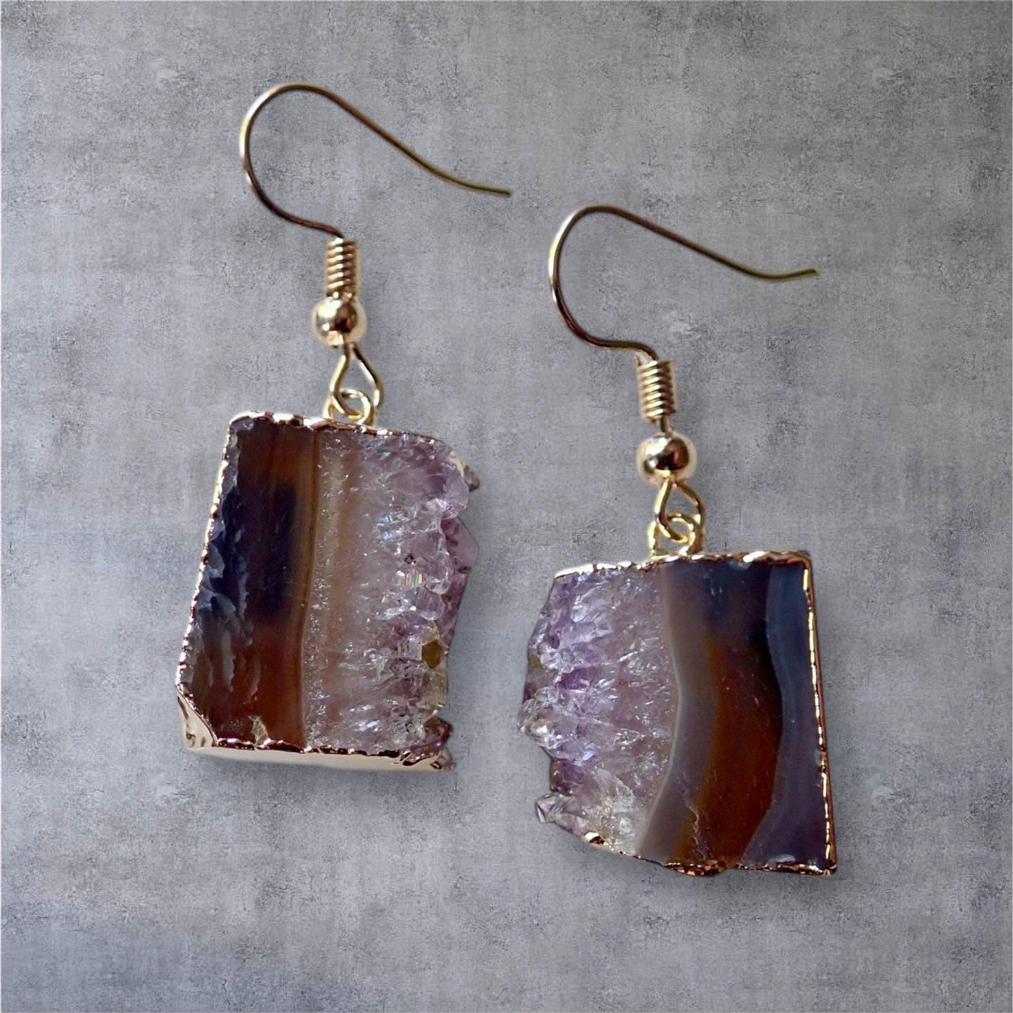 Amethyst Slice Earrings, Amethyst Stalactite Earrings, Gemstone Dangle Earrings, Amethyst Statement Jewelry,February Birthstone Gift for Her