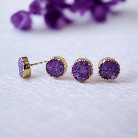 Purple Druzy Crystal Studs – Round Cut with 14k Gold Plating