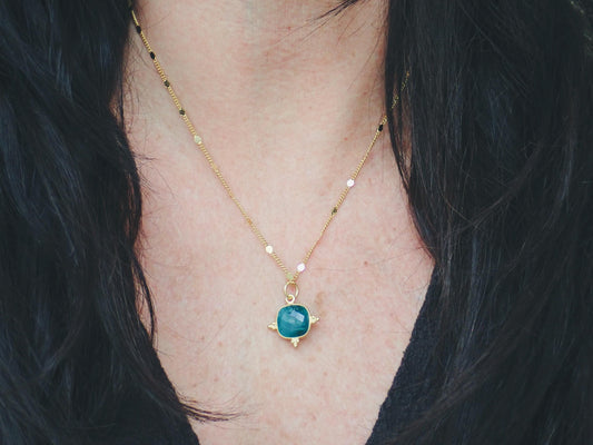 Cushion-Cut Gemstone Necklace – Ruby, Emerald, Garnet, or Sapphire in 14k Gold Fancy Bezel, 18k Gold Fill Chain