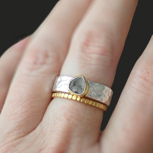 Hammered Silver Herkimer Diamond Ring -Wide Band Gemstone Ring ,April Birthstone Gift