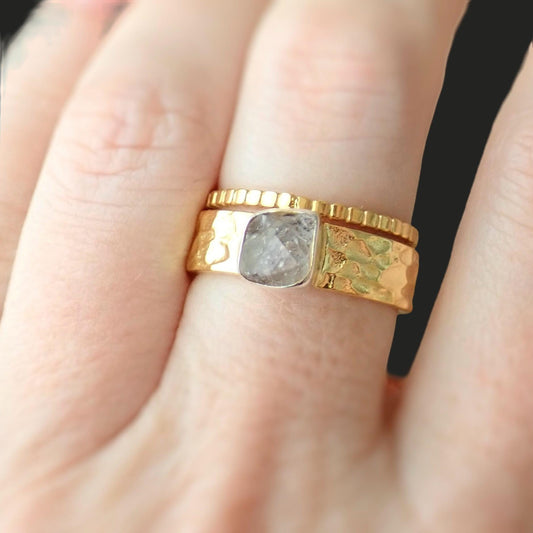 Raw Herkimer Diamond Ring – Wide Hammered Band in Two-Tone Gold & Silver - Rustic Herkimer Diamond Ring – Mixed Metal Band with Raw Crystal Solitaire