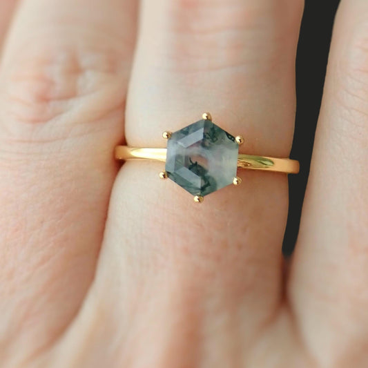 Moss Agate Ring, Hexagon Crystal Ring -  Solitaire Gemstone Ring Gold