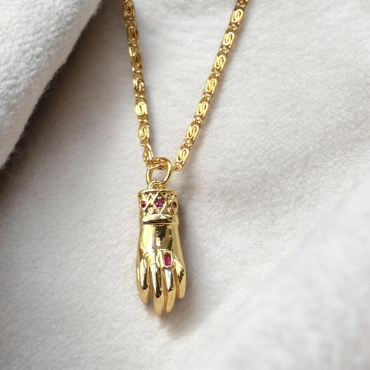 Victorian Hand Pendant Necklace • 14K Gold Filled Mano Figa Style with Garnet CZ Accents • Gothic Talisman Jewelry • Antique-Inspired Necklace