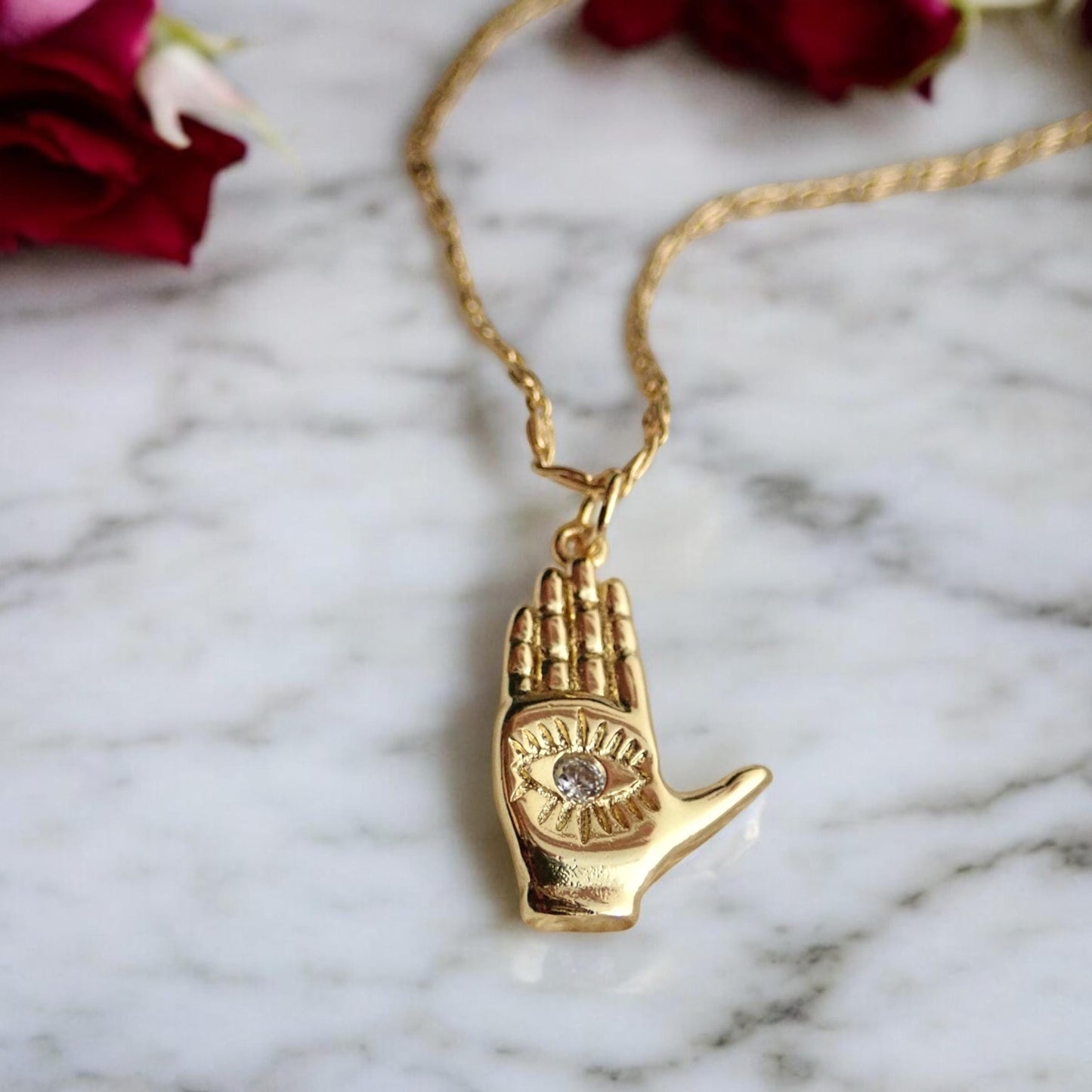 Hamsa Hand Necklace with Crystal, Gold Hand Pendant Necklace, Palm with Eye Necklace