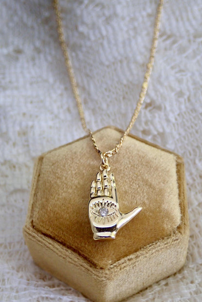Hamsa Hand Necklace with Crystal, Gold Hand Pendant Necklace, Palm with Eye Necklace