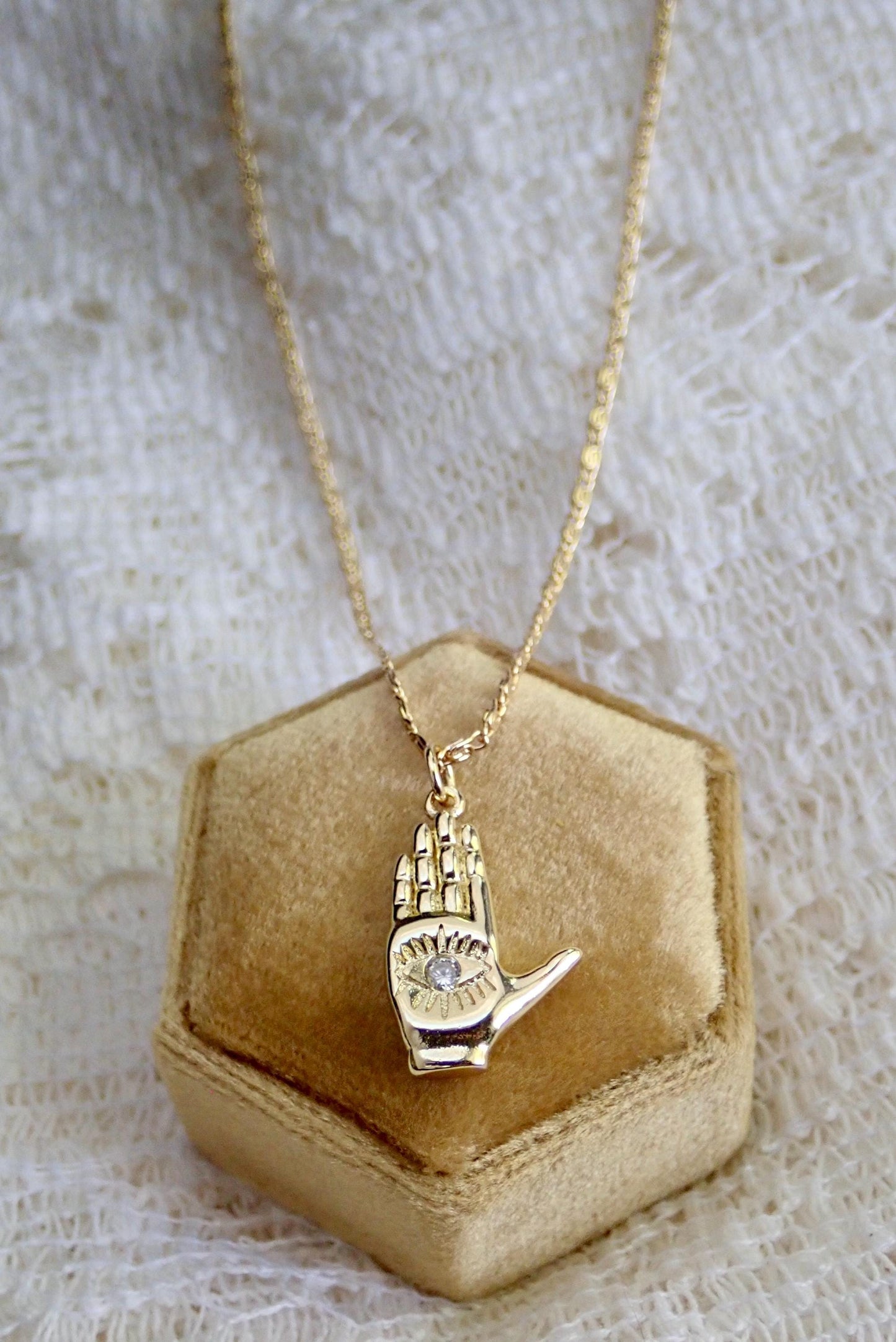 Hamsa Hand Necklace with Crystal, Gold Hand Pendant Necklace, Palm with Eye Necklace