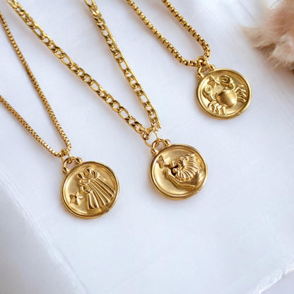 Zodiac Pendant Necklace, Gold Coin Zodiac Necklace, Dainty Zodiac Necklace, Star Sign Necklace,Gold Medallion Necklace,Personalized Gift Her