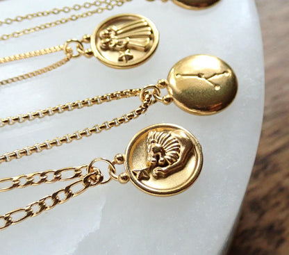 Zodiac Pendant Necklace, Gold Coin Zodiac Necklace, Dainty Zodiac Necklace, Star Sign Necklace,Gold Medallion Necklace,Personalized Gift Her