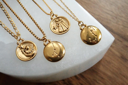 Zodiac Pendant Necklace, Gold Coin Zodiac Necklace, Dainty Zodiac Necklace, Star Sign Necklace,Gold Medallion Necklace,Personalized Gift Her