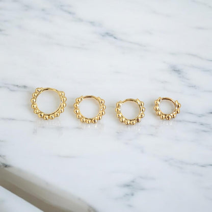 Beaded Gold Huggie Hoop Earrings – 18k Gold Over Sterling Silver, Tiny Everyday Hoops in 6mm–9mm Sizes