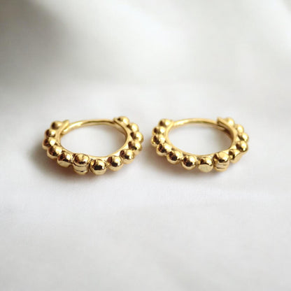 Beaded Gold Huggie Hoop Earrings – 18k Gold Over Sterling Silver, Tiny Everyday Hoops in 6mm–9mm Sizes