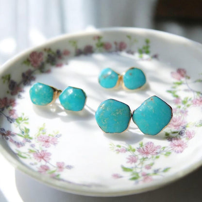 Genuine Turquoise Stud Earrings – 14k Gold Electroplated Setting