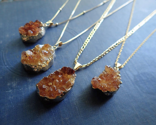 Chunky Raw Citrine Necklace Necklace - Gold Druzy Statement Necklace , November Birthstone Jewelry