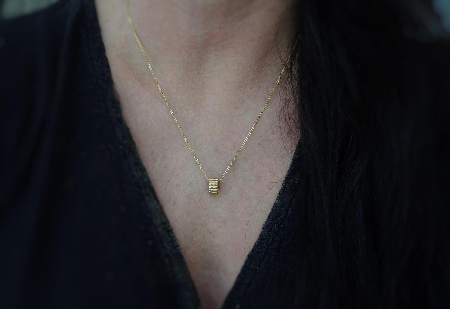 Waterproof Gold Bead Necklace,  Ridged Tube Pendant on No Tarnish 18k Gold Chain,  Minimalist Fidget Necklace, Everyday Jewelry